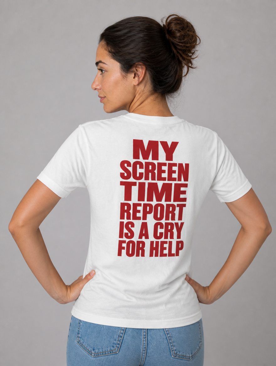 Model wearing the My Screen Time Report Is A Cry For Help t-shirt, full back view, hands on waist