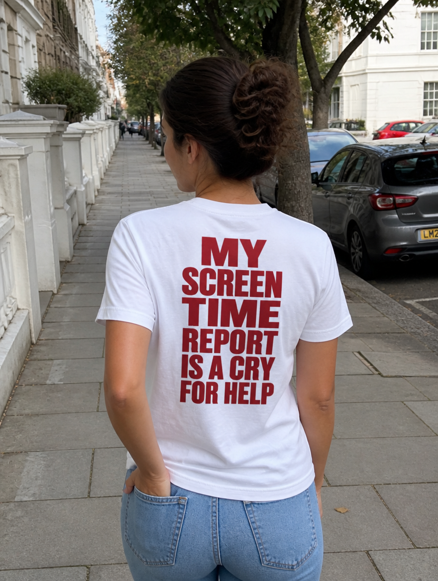 Model wearing the My Screen Time Report Is A Cry For Help t-shirt outdoors, walking away candid lifestyle shot