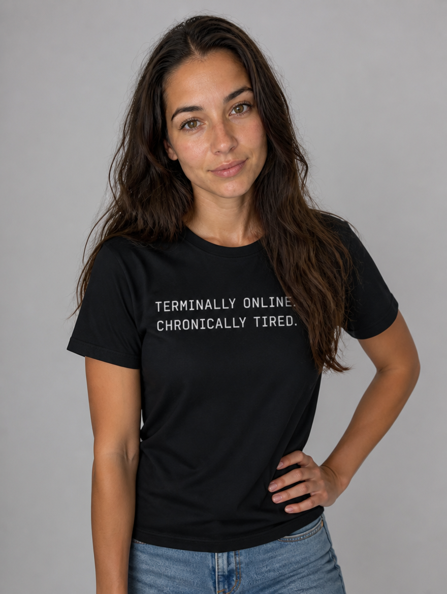 Terminally Online, Chronically Tired t-shirt - studio shot
