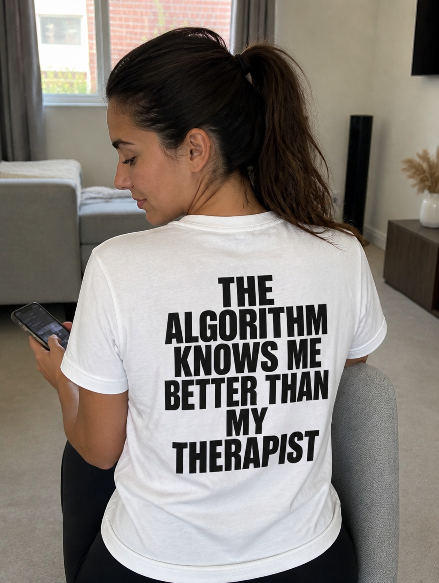 The Algorithm Knows Me Better Than My Therapist t-shirt - indoor lifestyle shot