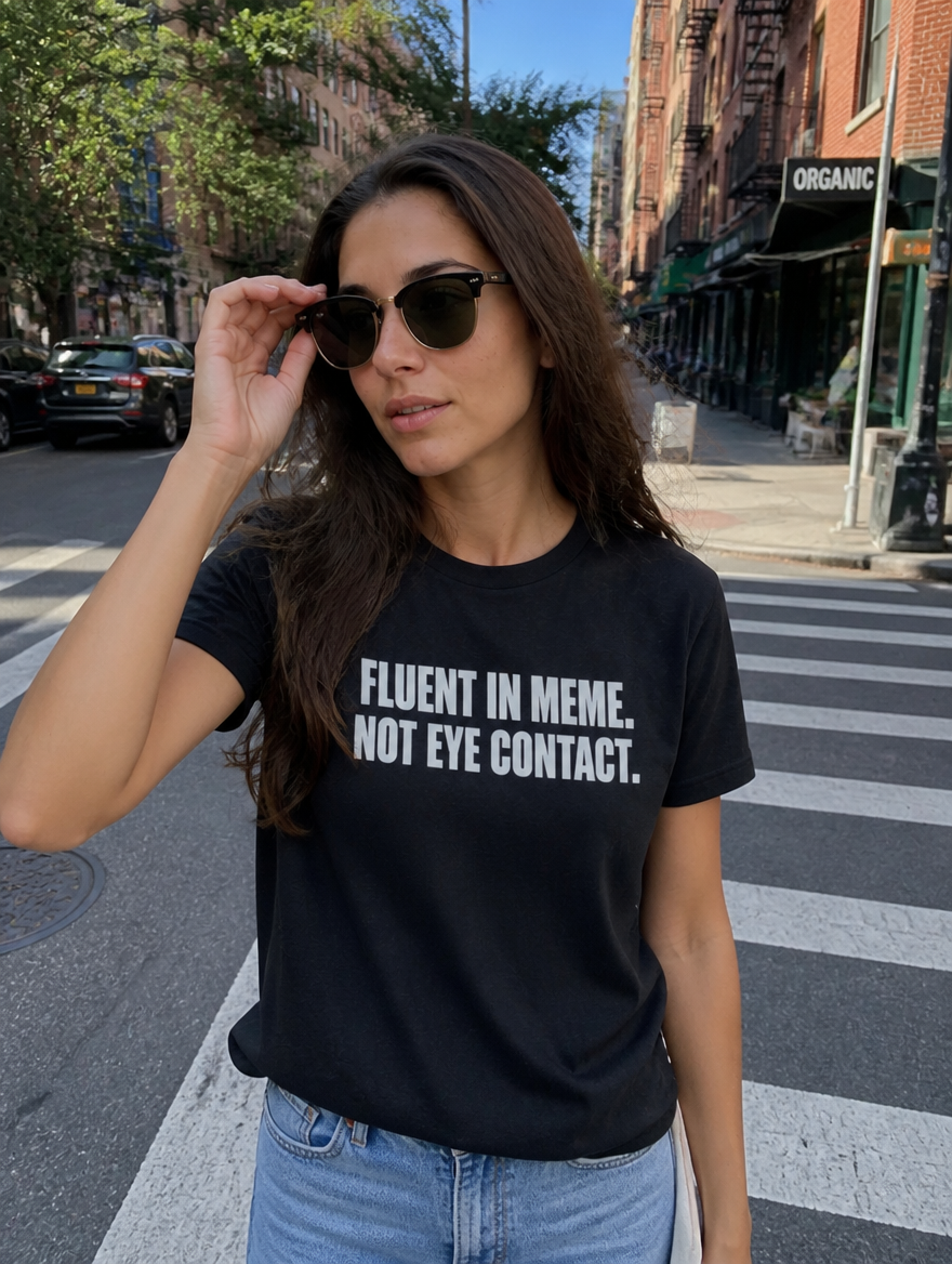 Fluent In Meme, Not Eye Contact t-shirt - outdoor lifestyle shot