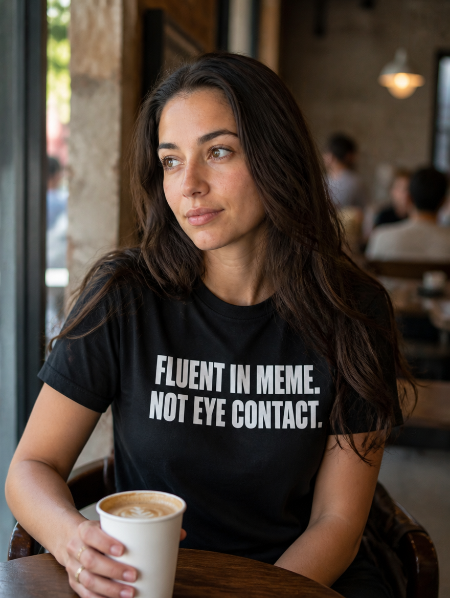 Fluent In Meme, Not Eye Contact t-shirt - indoor lifestyle shot
